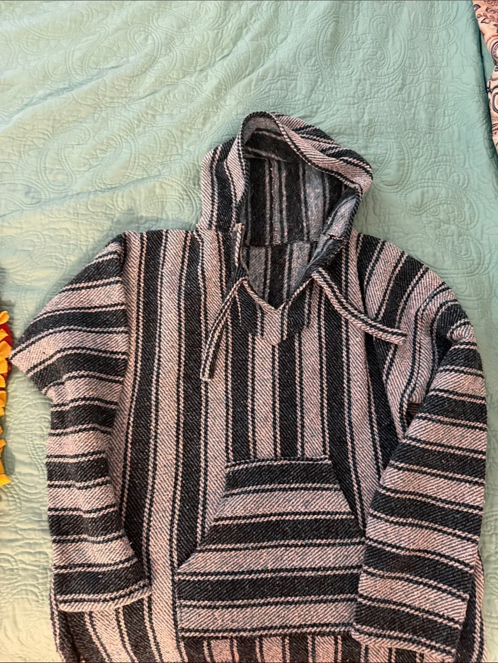 Striped Hooded Baja Sweater - Black & Cream